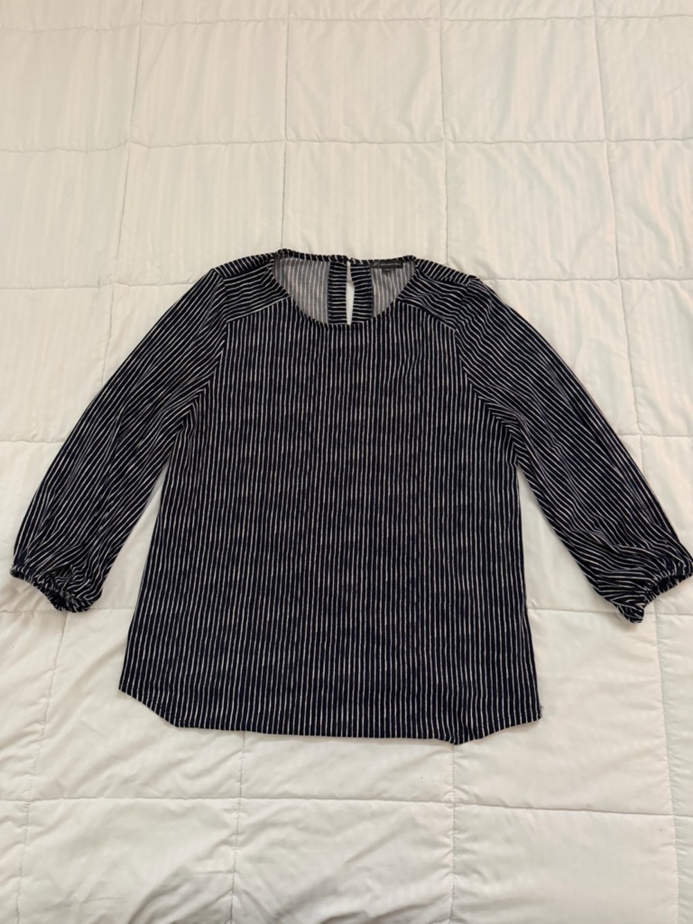 Adrianna Papell Navy and White Striped Long Sleeve Blouse